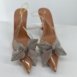 Zara Silver Rhinestone Bow Clear Pointy Toe Heels Slingback Size 39